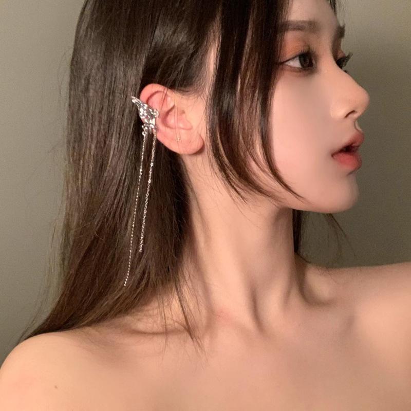Korean Elegant Elf Butterfly Clip Earrings For Women Girls  Long Tassel No Piercing Ear Cuff Jewelry Gifts