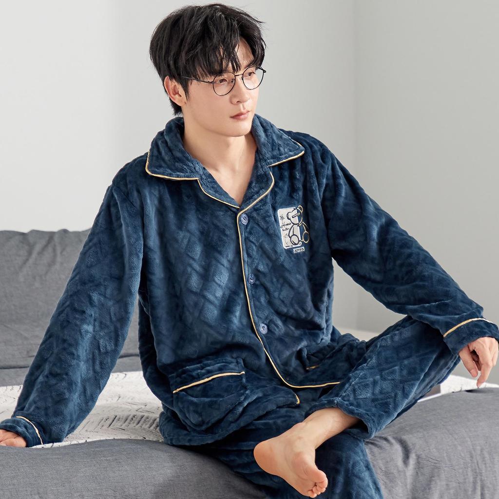 Men's Autumn/Winter Flannel Lapel Pajamas - New Arrival, Plus Velvet, Thickened Coral Fleece Homewear