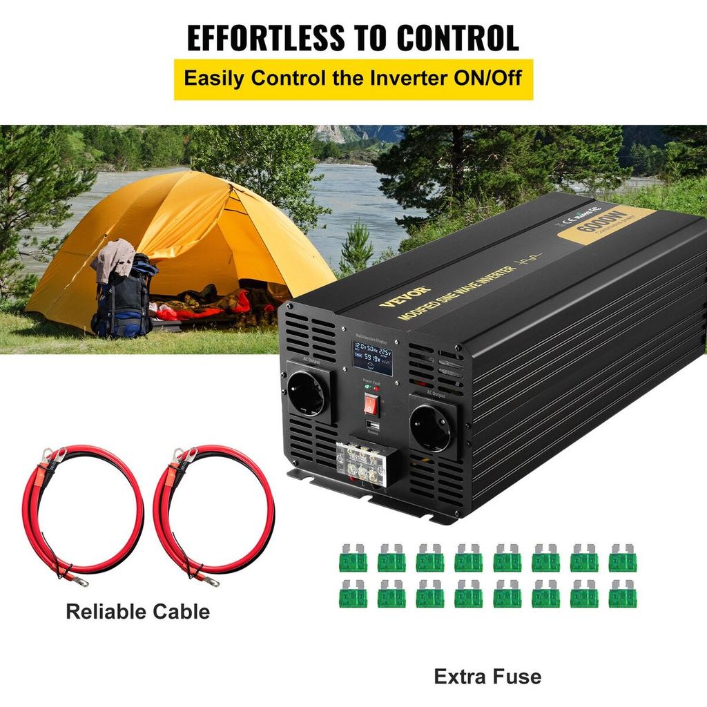 Power Inverter Modified Sine Wave Inverter 6000W DC 12V To AC 230V LCD