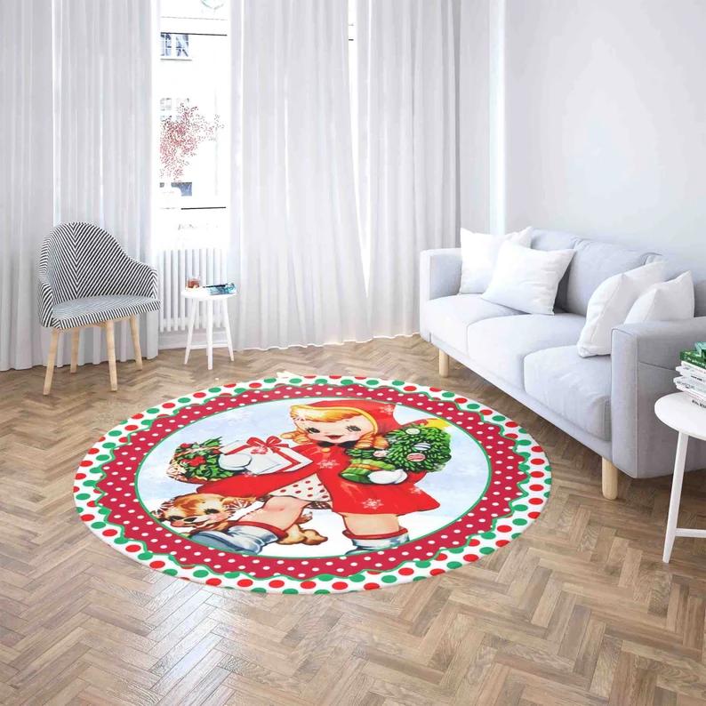 Vintage Girl Snowman Dwarf Round Rug Merry Christmas Mat Gift, Winter Xmas Home Decor Nursery Kids Room Mat Round Floor Mat