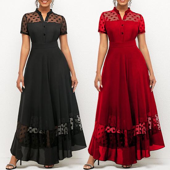 Women Summer Dress Mesh Dot Pattern V Neck Chiffon Slim Large Hem