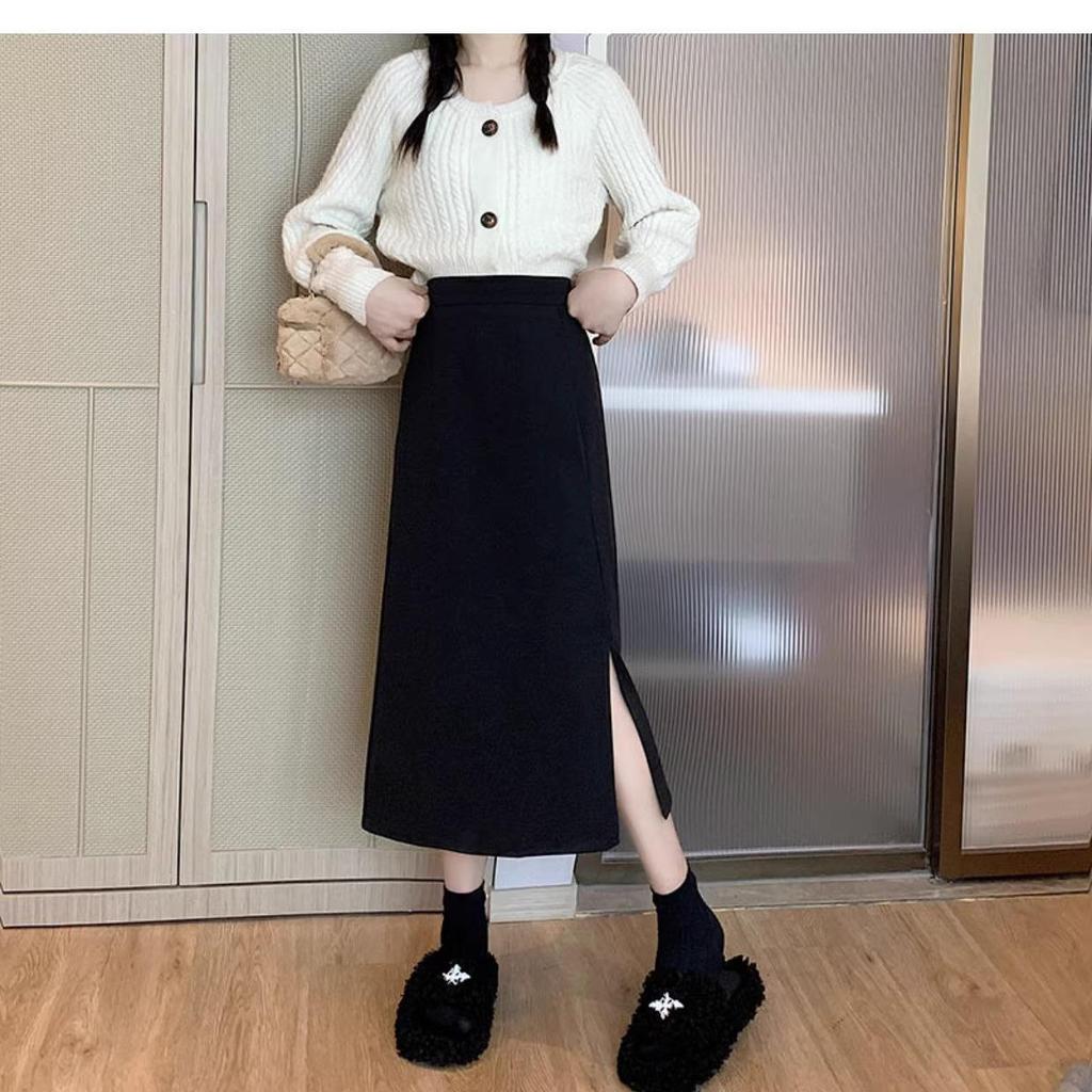 High-Waist Slimming A-Line Midi Skirt with Slit - 2024 Korean Style Summer Fashion for Petite Women