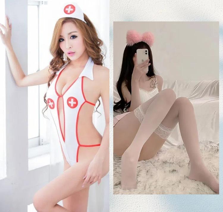Sexy underwear, sexy women's breasts, neck-hanging three-point one-piece nurse uniform, extremely tempting suit