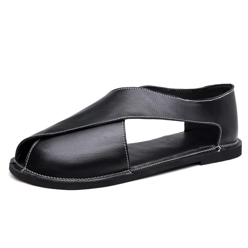 Men Flat Bottom Casual Leather Sandals Summer New British Style  Soft Bottom Anti-Slip Business Shoes Breathable Roman Sandals