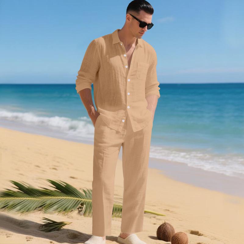 Europäischer & Amerikanischer Leinen Herbst Herren Freizeitanzug: Hemd mit lockerem Revers & Langarm-Strandhose
