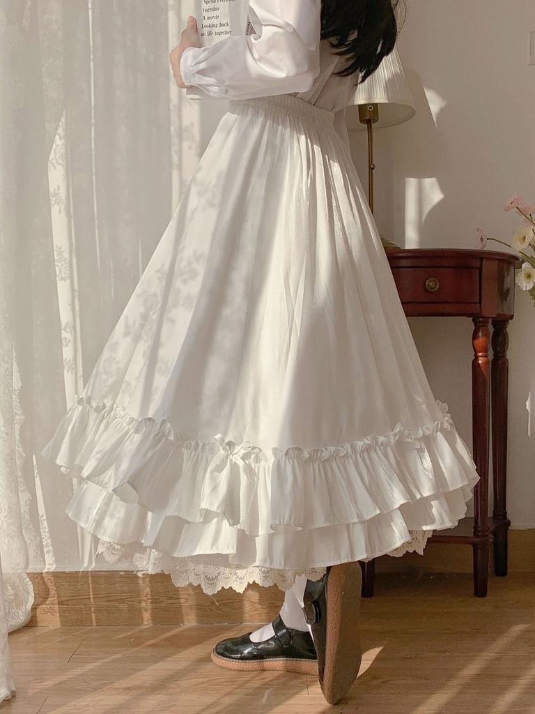 Women‘s Lace Long Skirt High Waist Bow Ruffled A-line Skirt Kawaii Japanese Style Vintage Clothing Spring Autumn