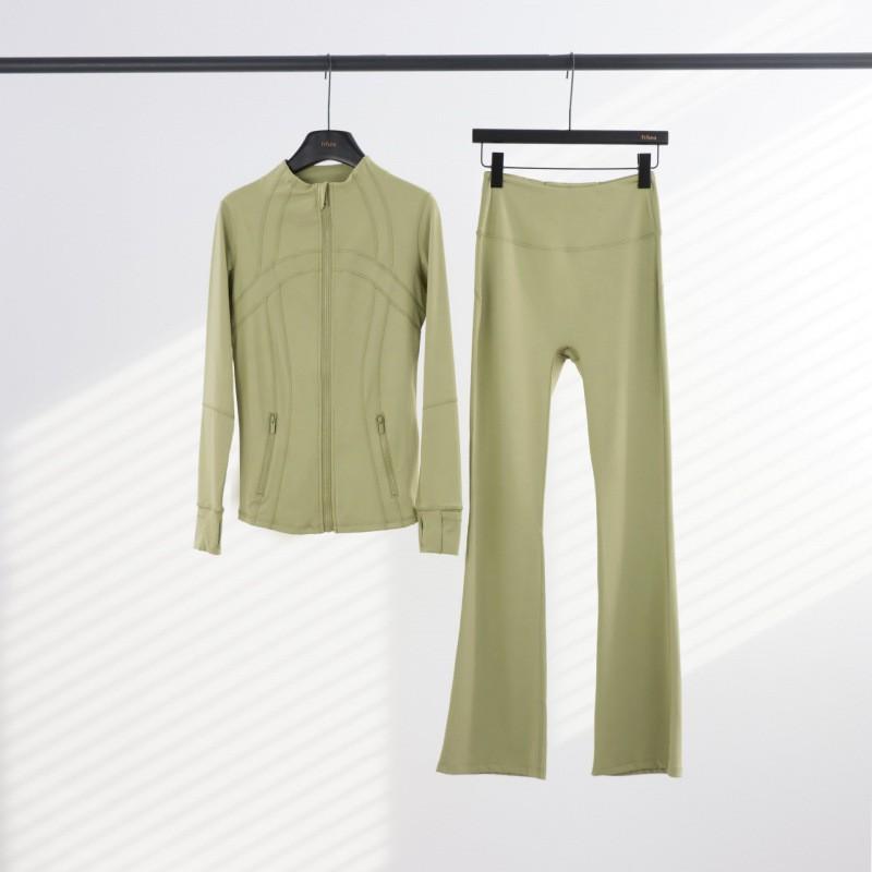 Womens Stand Collar Jacket Flared Pants Set Casual Sporty All-Match Yoga Outfit