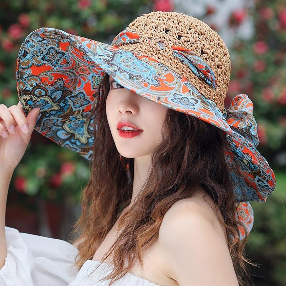 Wide Brim Bucket Hats Folding Straw Hat Fashion Beach Hat  Women