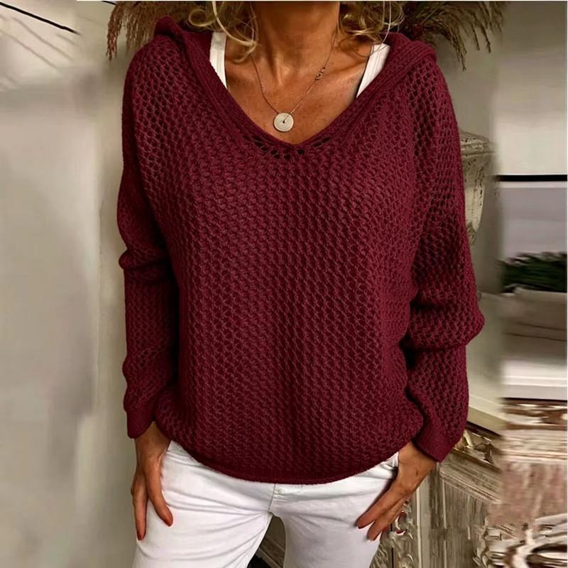 Women's Light Gray Hooded Knitted Sweater with Hollow Weave V Neck, Multiple Colors