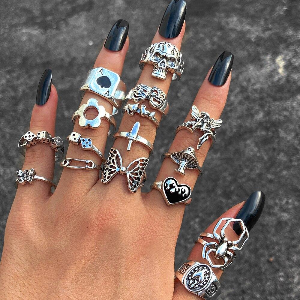 iF ME Hip-hop Creative Butterfly Flame Smile Crying Face Ring Gothic Punk Heartbreak Skull Rings For Women Men Couple Fashion Jewelry