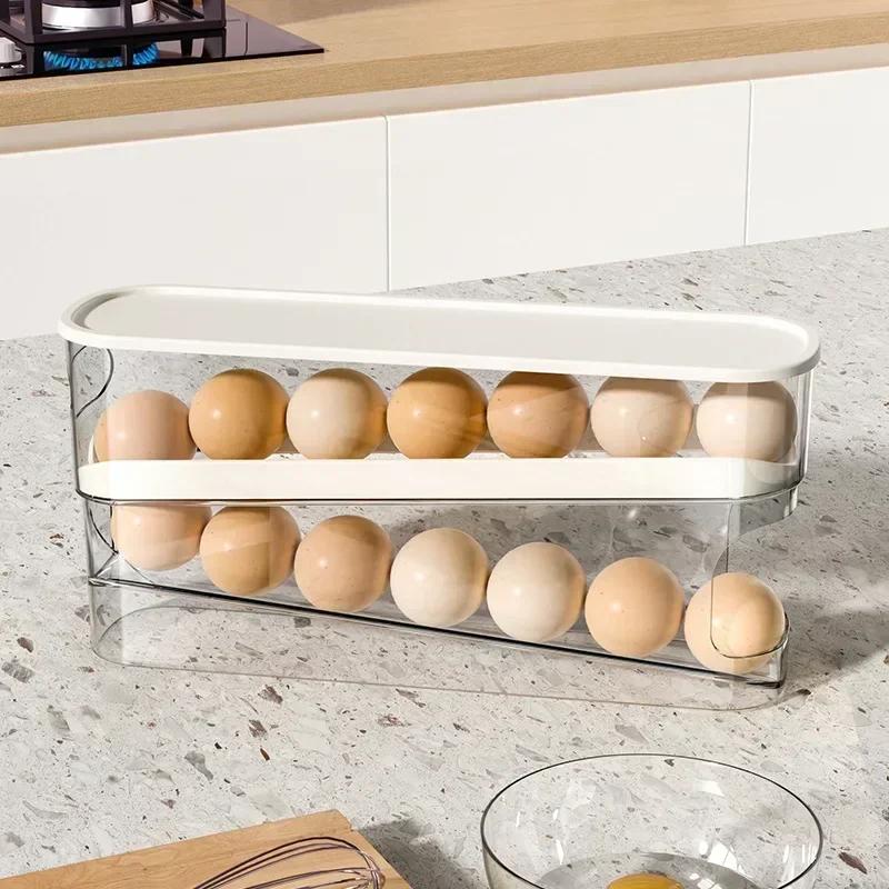 Caja de almacenamiento de huevos para refrigerador, soporte automático para huevos con desplazamiento, gran capacidad, para el hogar, cocina, estante de almacenamiento de huevos rodante exclusivo