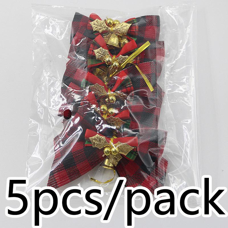 (5 Pcs/pack)8cm Christmas Checkered Butterfly Knot With Bell Christmas Decoration Home New Year Celebration Handmade DIY Pendant
