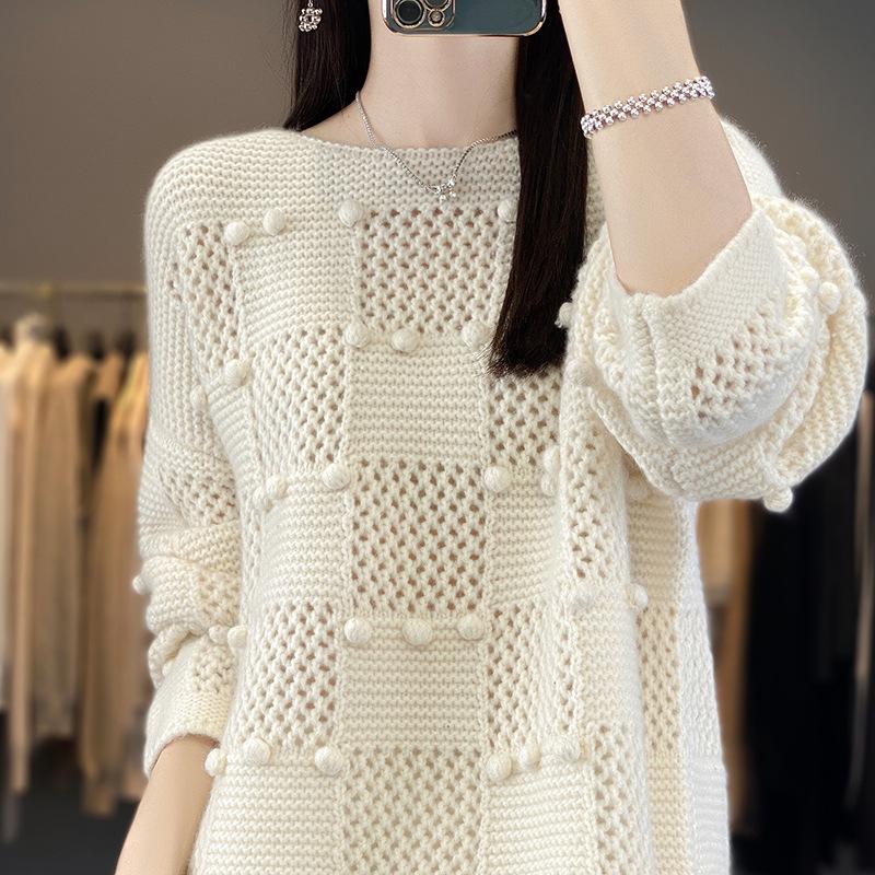 Crew Neck Wool Sweater Autumn And Winter New Pullover Hollow Long Sleeve Fashion Loose Knitted Sweater Wool Inner Bottoming Shirt