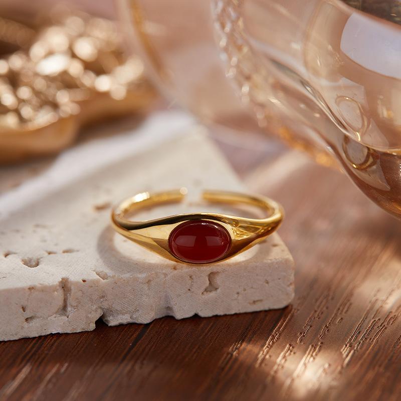 Xiaohongshu Minimalist Personalized Design S925 Sterling Silver Inlaid With Natural Agate Blue Gold Treasure Ring For Women