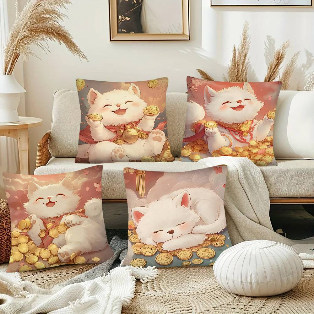 Cute Lucky Cat Pillow Case Fashion Square Pillowcase Bedroom Sofa Room Ins Decoration Leisure