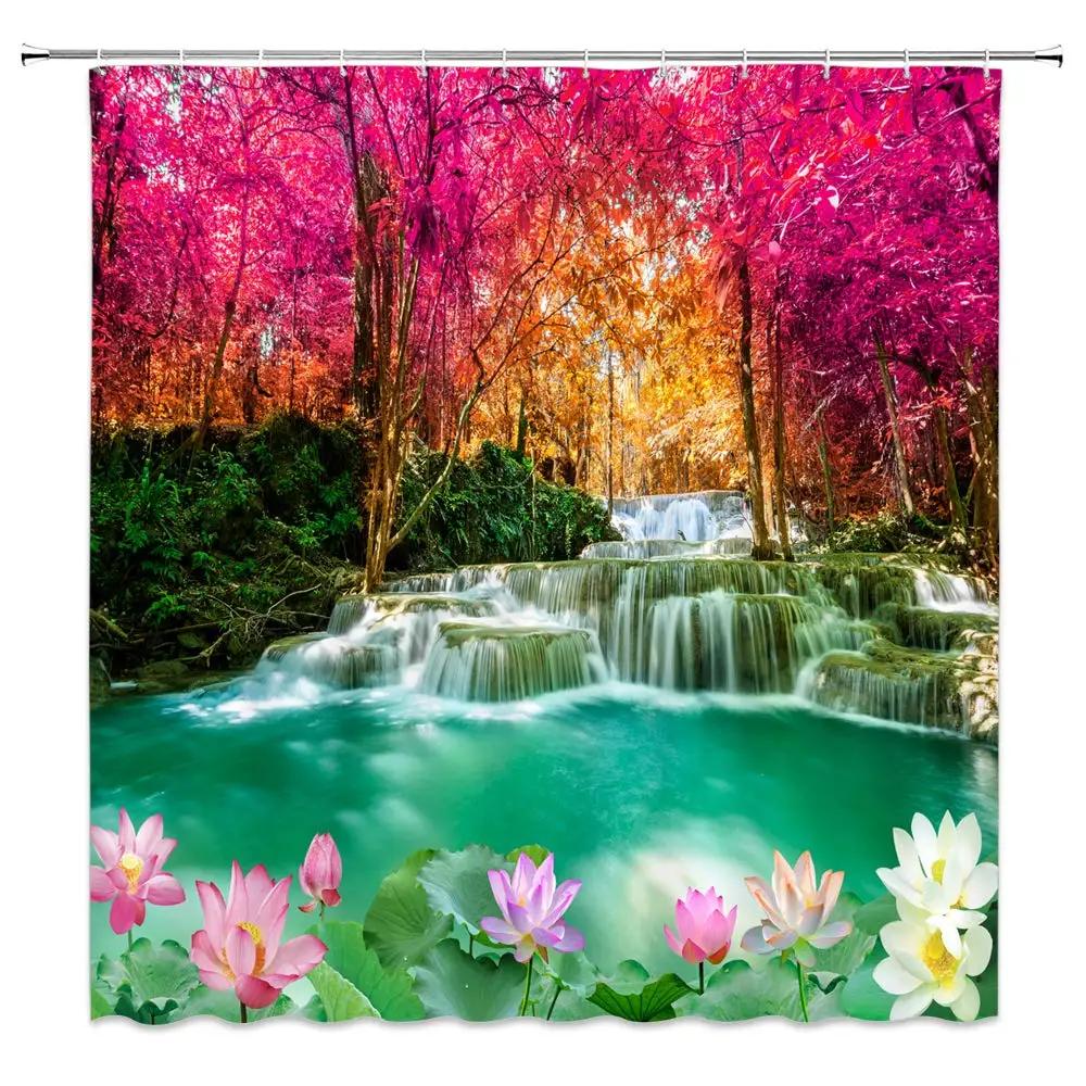 Natural Scenery Shower Curtain Set Waterfall Spring Landscape Home Bathtub Decor Waterproof Polyester Cloth Bathroom Curtains