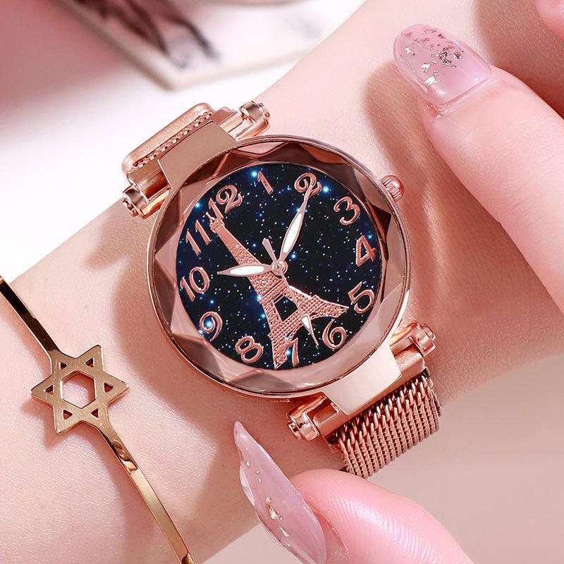 Romantic Star Watch Eiffel Tower Wathes for Women Luxury Mesh Steel Belt Watch Wristwatch  Ladies Dress Relógio Feminino Gifts