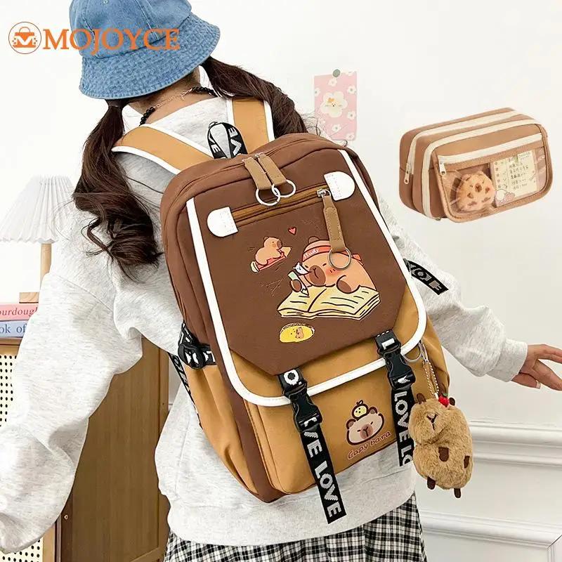 Capybara Flap Backpack with Pencil Case Fashion Casual Nylon Cute Bag Large Capacity Bookbag Animal Cartoon Daypack for Teens