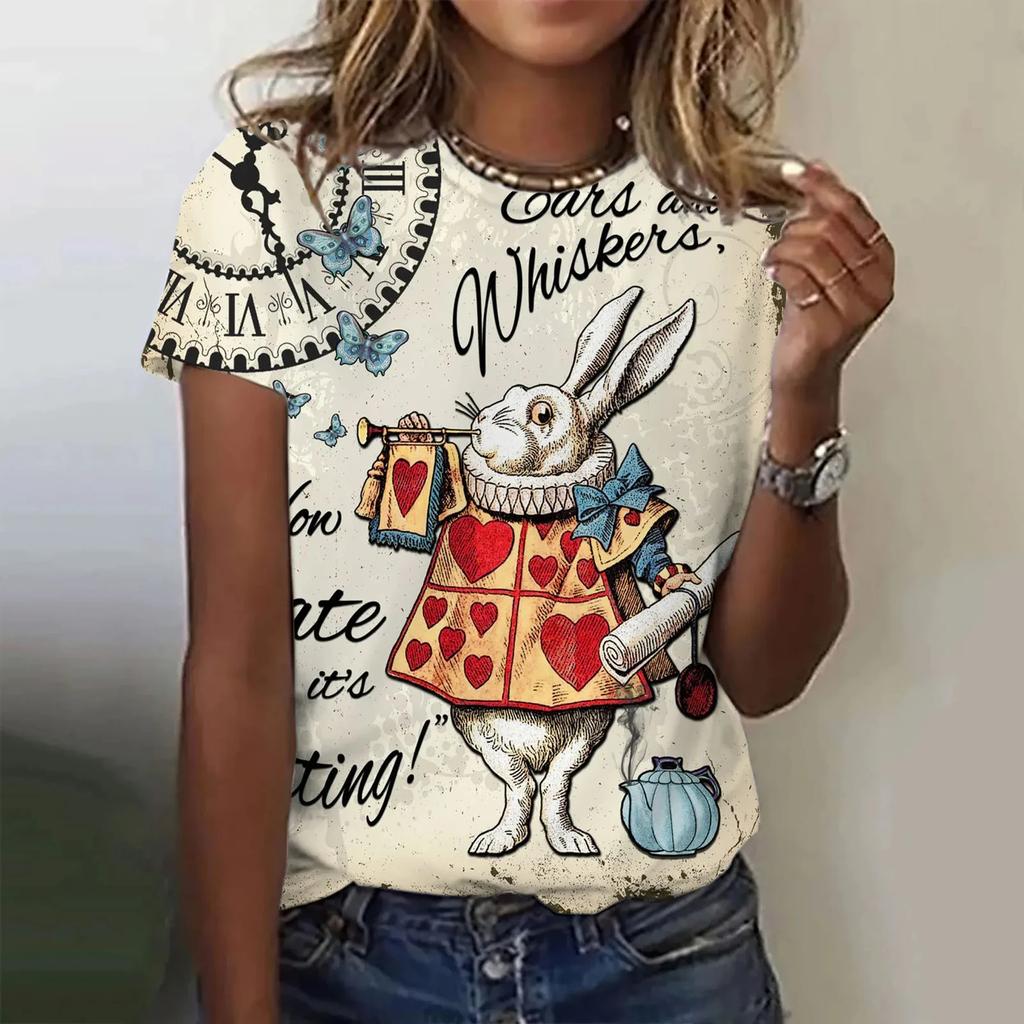 2024 New popular personality 3D women's T-shirt fun cute rabbit print ladies short-sleeved round neck top refreshing breathable