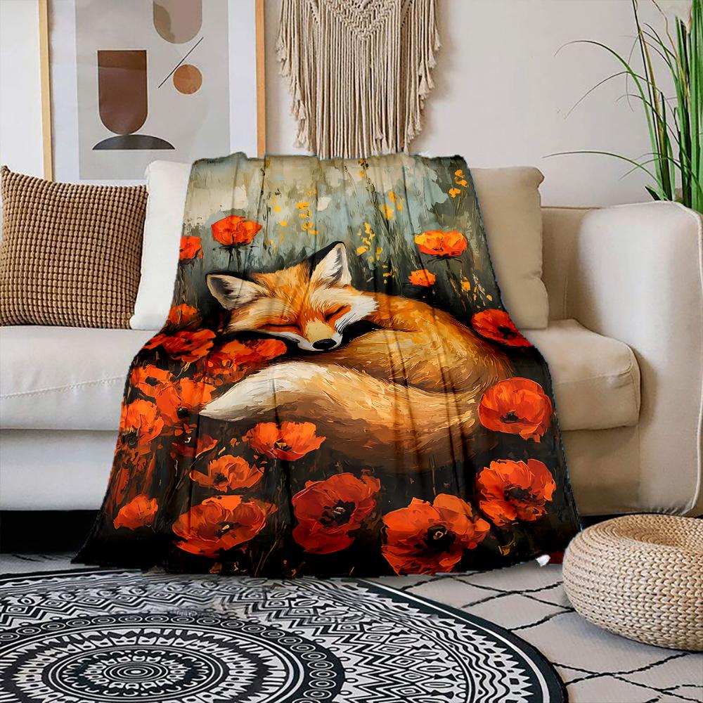 

Multiple sizes Fox sleeping among poppies Print Blanket Warm Soft Suitable for All Seasons for Home Sofa Travel Camping Picnics 75x100cm