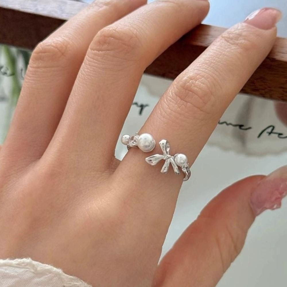 

PANJBJ 925 Silver Pearl Bowknot Ring for Women Irregular Open Sweet Romantic Zircon Jewelry Birthday Gift Dropshipping