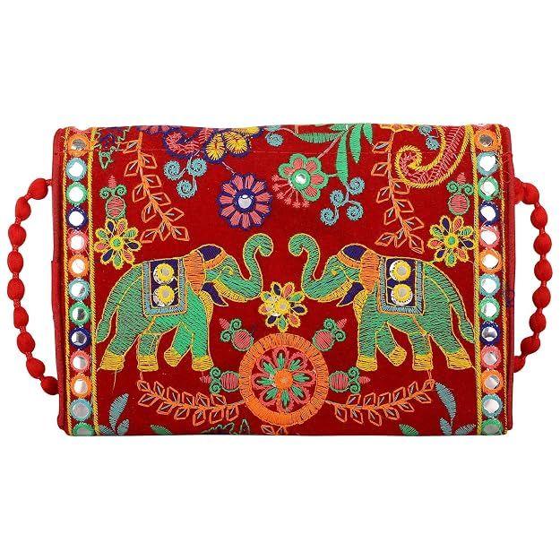Clutch Bags for Women Jaipuri Rajasthani Handmade Embroidery Mirror Work Stylish Sling Bags for Women Cross Body Bags for Ladies and Girls - 22X16 Cm