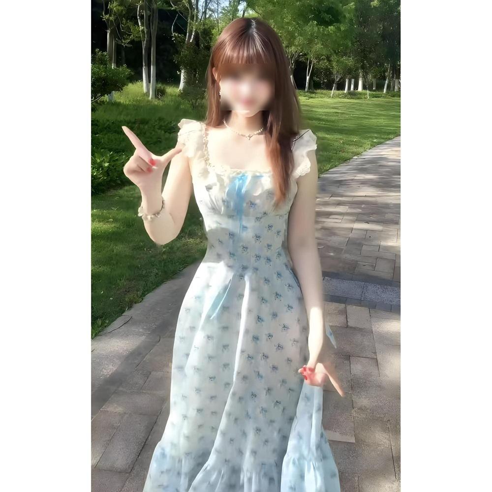 Sweet blue floral suspender versatile lace lace waist long dress dress women's summer new