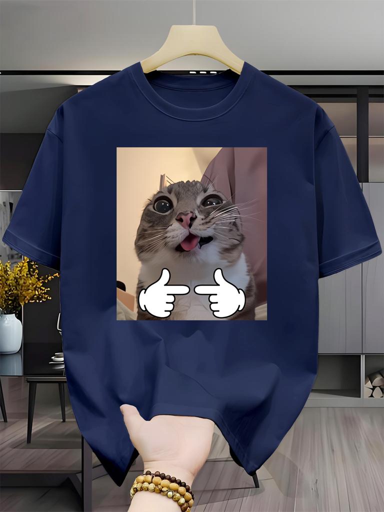 Surprised Pointing Cat Meme Graphic T Shirt For Unisex Funny Kitty Crew Neck Tee Humorous Pet Theme Casual Male Daily Outfit Tops