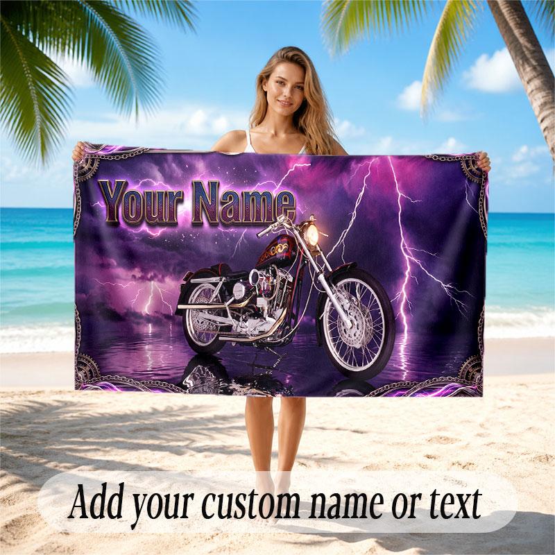 Motorcycle Theme Soft Beach Towel Personalized Custom Name Text Towel Portable for Beach Pool Travel