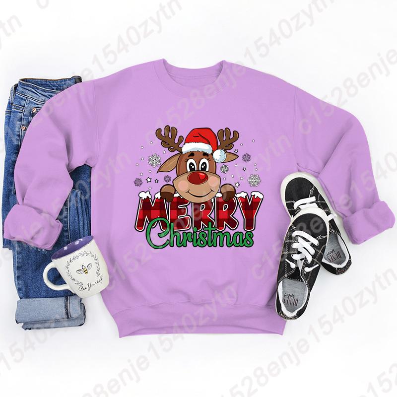 Women's Festive Christmas Reindeer & Plaid Graphic Sweatshirt, Casual Loose Fit, Long Sleeve, Crew Neck Sweatshirts for Winter