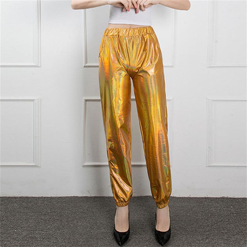 Dámské tepláky středního pasu jednobarevné lesklé devítiminutové kalhoty