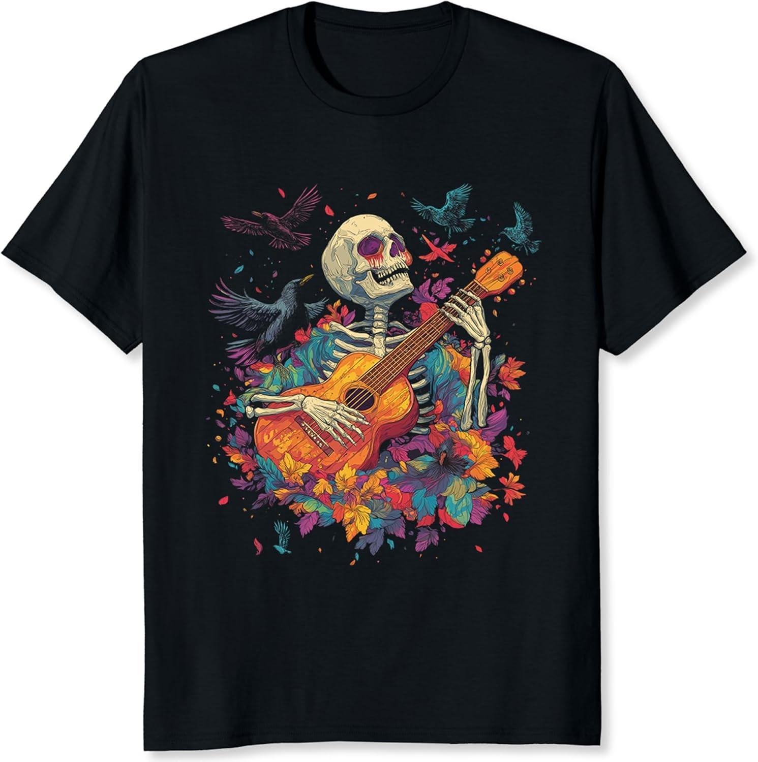 

Skeleton Play Guitar Shirt with Crow Rock Band Graphic Tee Skull Shirt for Men S чорний