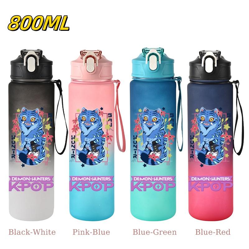 800ML KPop Demon Hunters Gradient Cartoon Print Large Capacity Straw Water Cup Outdoor Portable Sports Drink Bottles Travel Mug