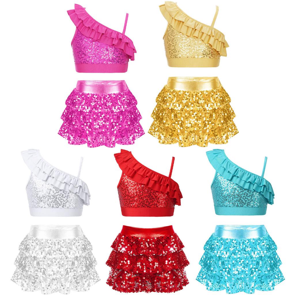 Girls Dance Outfit Asymmetrical Shoulder Sequins Ruffle Crop Top with Shiny Tiered Ruffle Hem Skirted Shorts for Recital Show