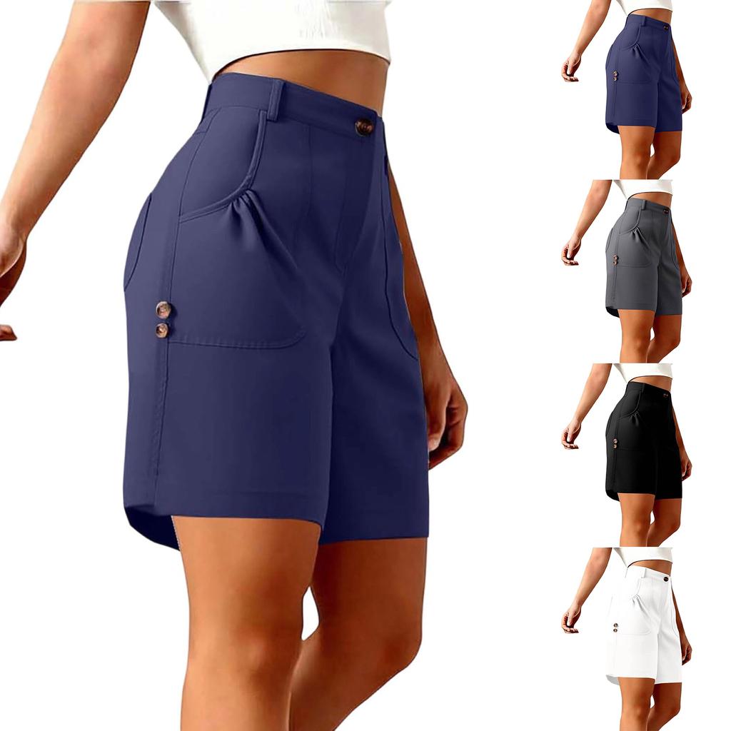 Pantaloncini Casual da Donna a Vita Alta con Coulisse e Tasche Vestibilità Rilassata Bottone Tessuto Morbido per l'Uso Quotidiano
