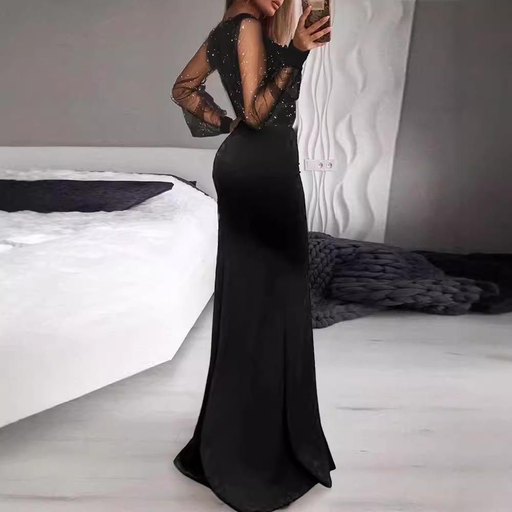 2025 Elegant Black Mesh Sequin Mid-Waist Long Skirt Dress