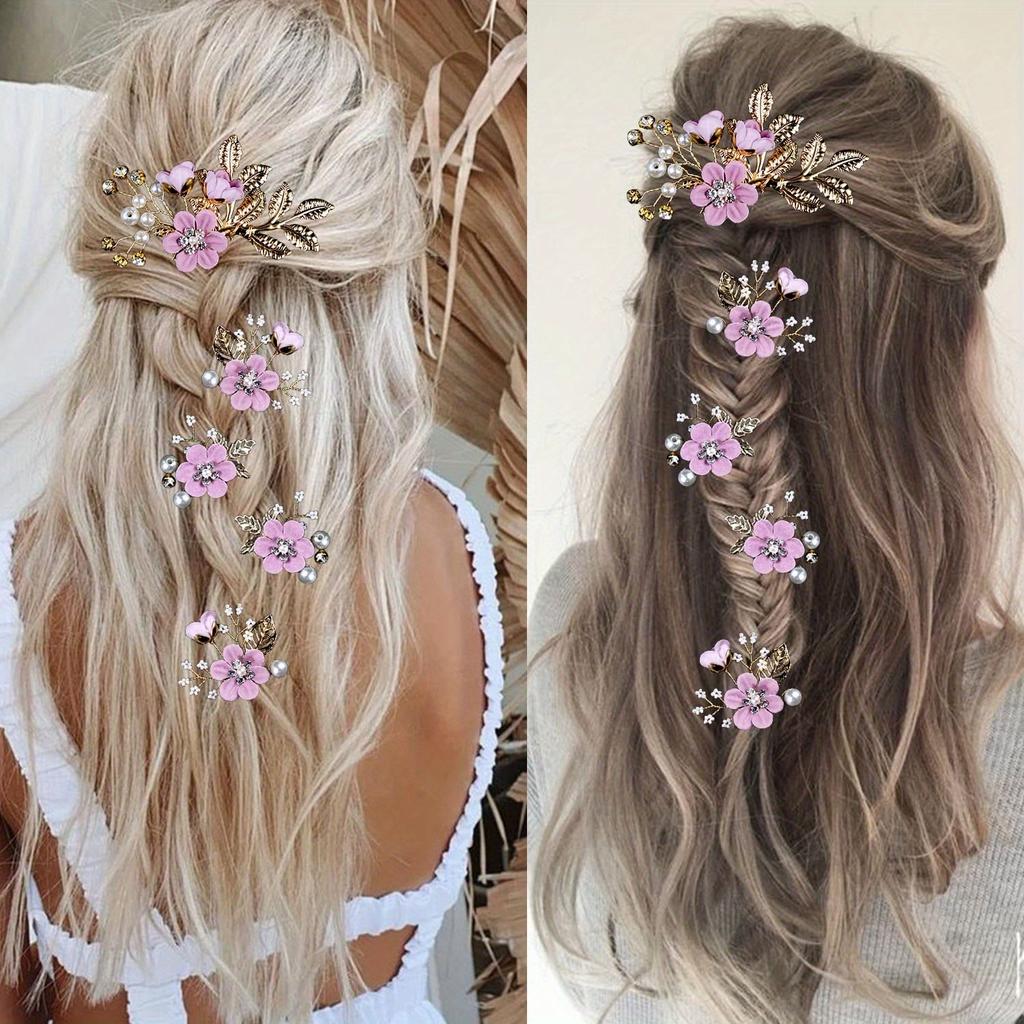 Headpiece Golden Wedding Hair Accessories Bridal Flower Wedding Hair Pins 5 PCS Pearl Hair Clips Jewelry with Rhinestone for Brides Bridesmaids Women