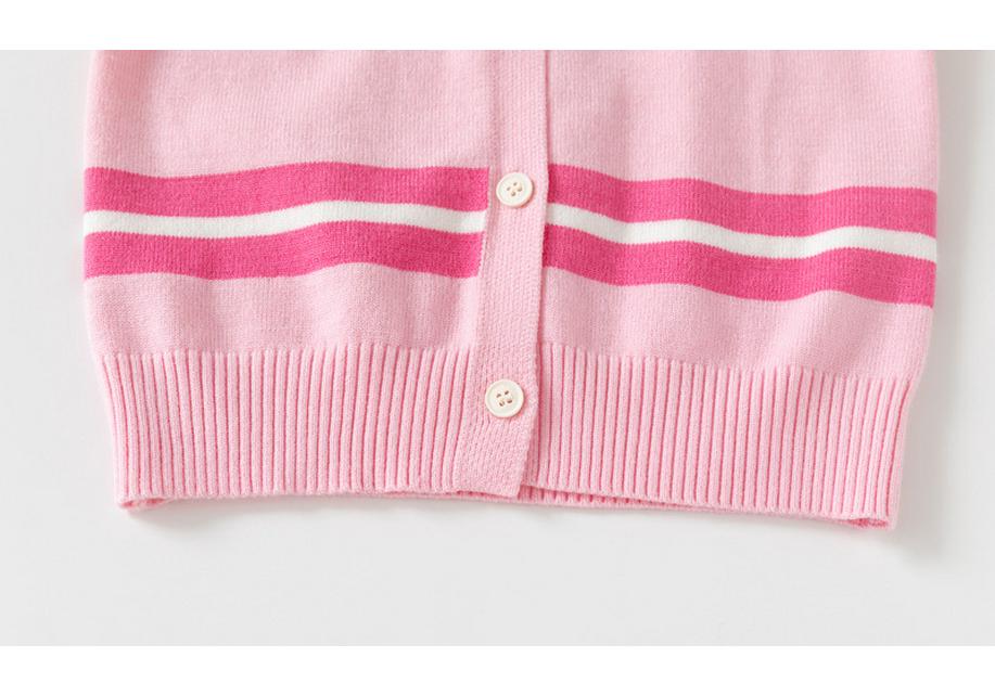 2026 Autumn Kids' Pink Striped Knit Cardigan – Girls' Single-Breasted Sweater