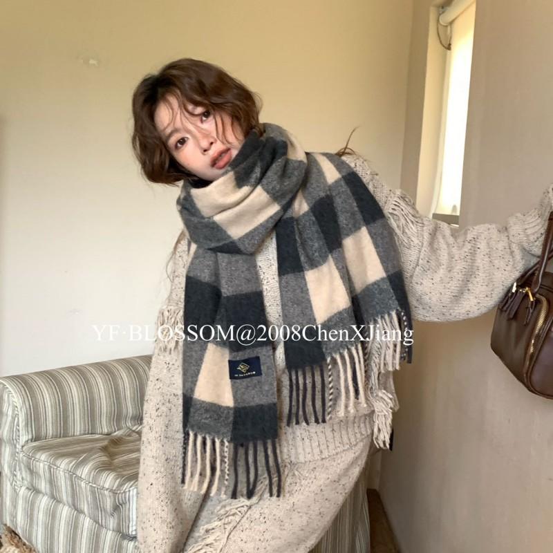 Wool large grid scarf couple versatile warm scarf shawl plaid fringed scarf