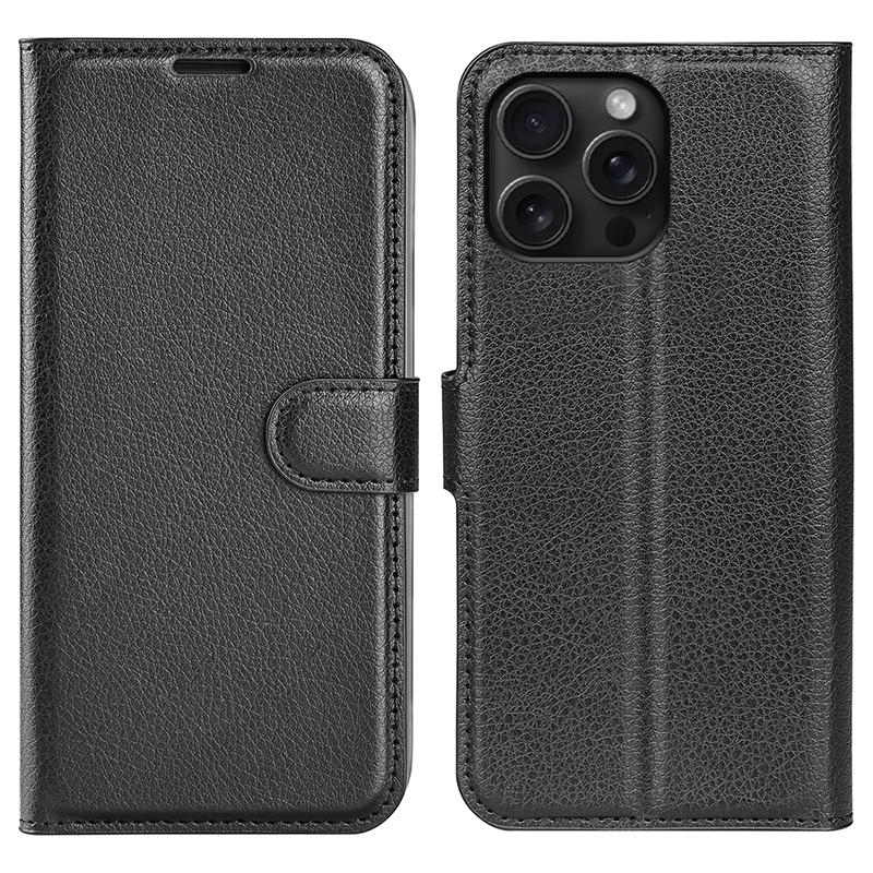 

For iPhone 16 Pro Max Wallet Case Litchi Texture Phone Leather Cover Black