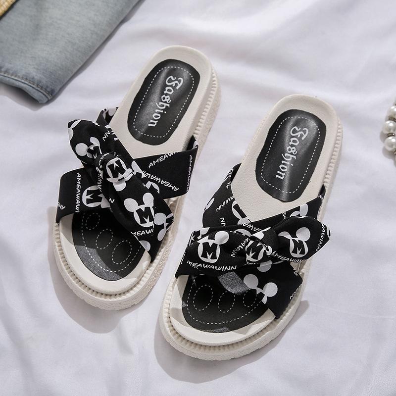 thick-soled bow-tie cool slippers female summer new fairy wind wear versatile soft-soled cross beach sandals
