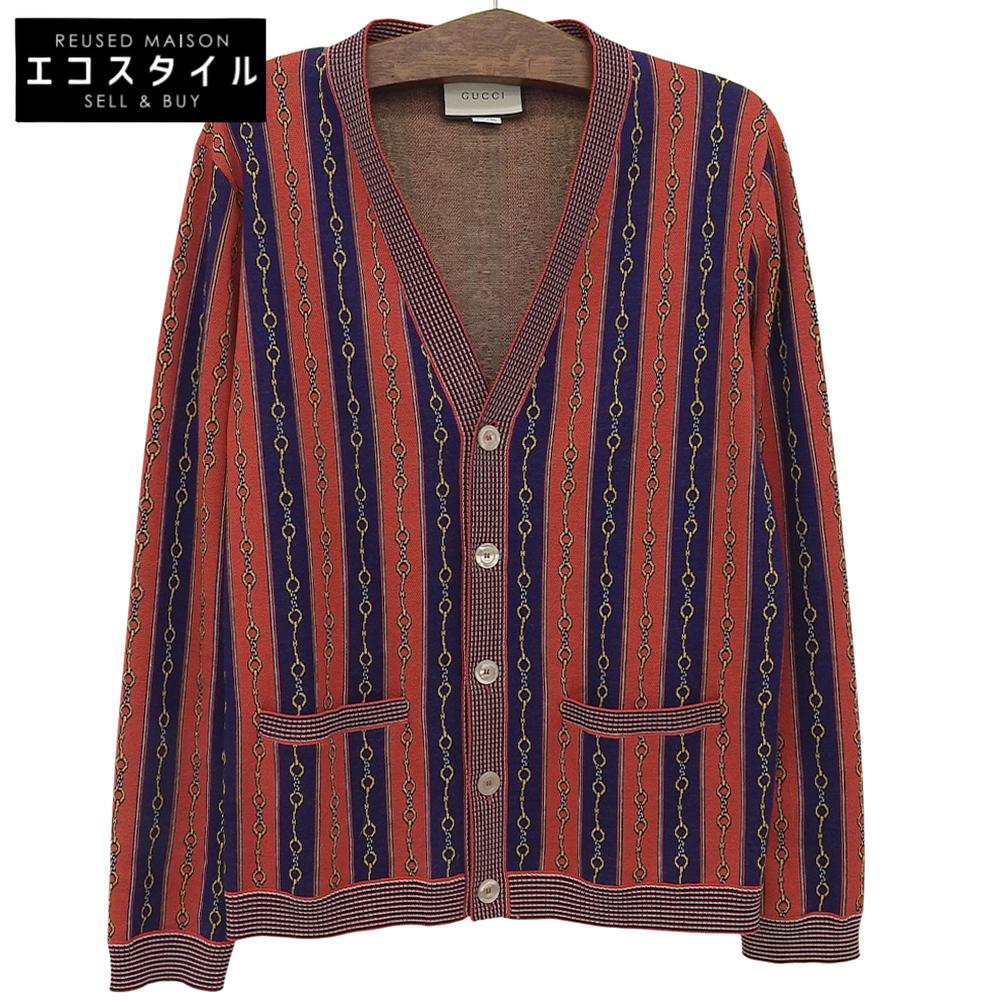 Gucci Excellent Condition Horsebit Chain Cashmere Blend Cardigan for Men, Red/Blue, Size M, 572622, Red/Blue Tops M Red/BlueUsed