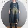 Plus Größe Frühling Sommer Frauen Denim Midi Kleid O Neck Patchwork Übergroßen Taschen Kleid Halbe Hülse Vintage Lose Kleid