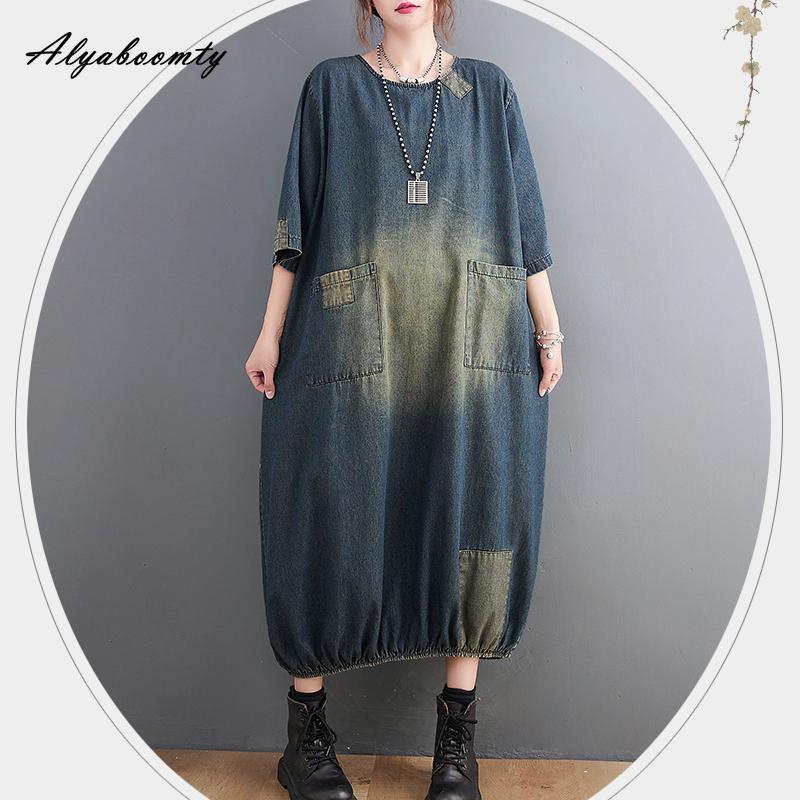 Plus Größe Frühling Sommer Frauen Denim Midi Kleid O Neck Patchwork Übergroßen Taschen Kleid Halbe Hülse Vintage Lose Kleid