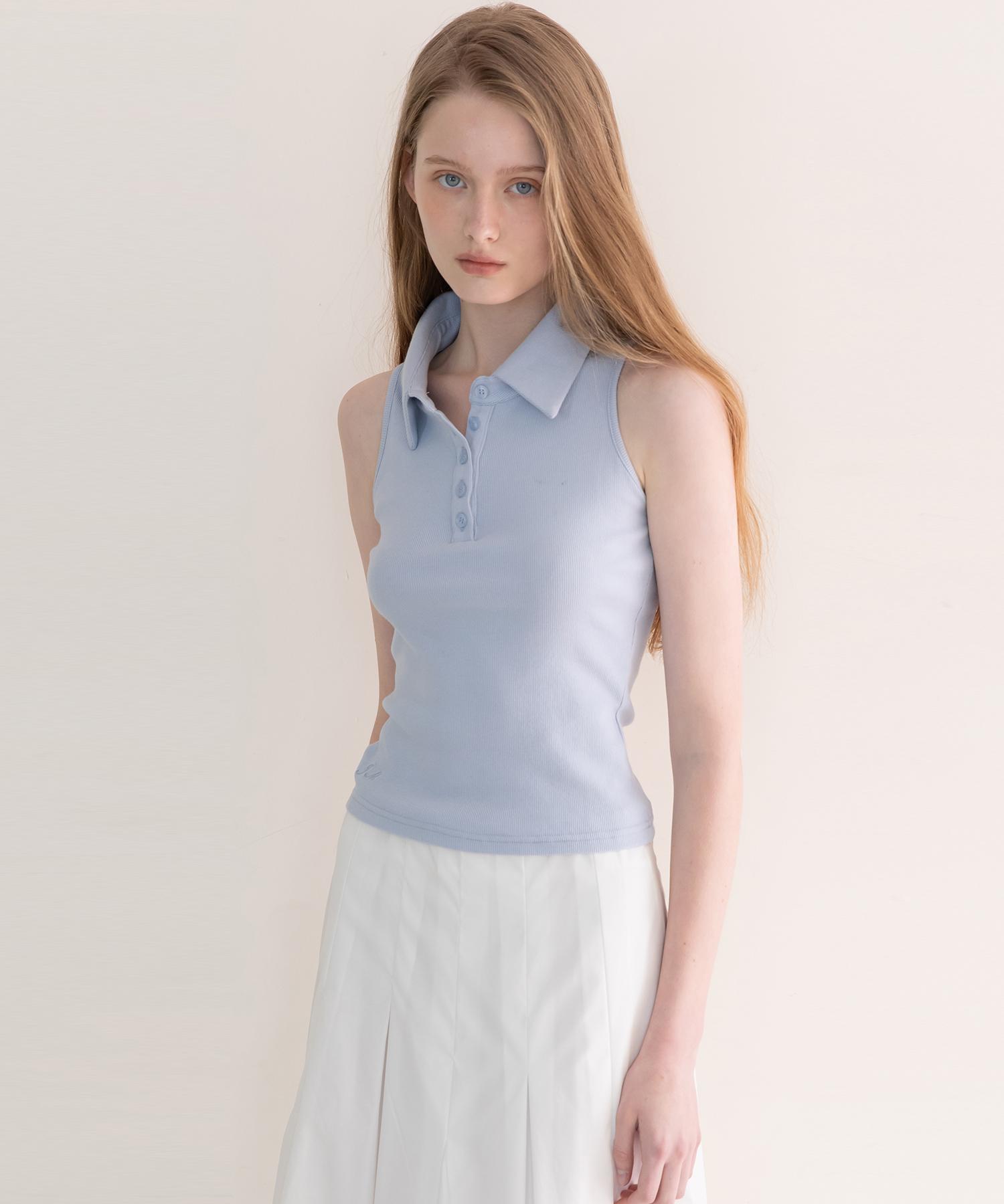 J Mark New York Sleeveless Collar Crop T-Shirt - Sky Blue