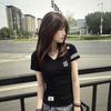 American Spice Girl Style Black V-Neck Short Sleeve T-Shirt Women's Summer Slim-fit Waist Design Niche Letter Skinny Top