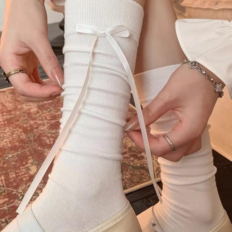 Autumn Women's Calf Socks with Bow Ribbons, High Appearance Level, Ballet Style, Thin and Breathable Lolita Women's Socks