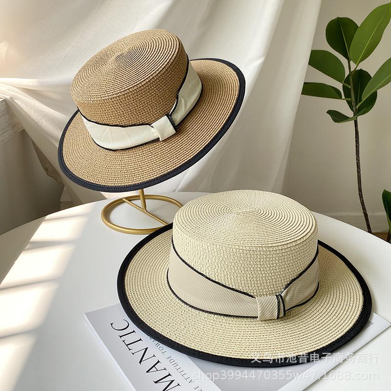French Flat Top Straw Hat Children's Summer New Straw Top Hat Seaside Sunshade Sunscreen Hat Beach Sun Hat