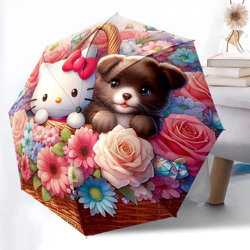 

1pc Hello Kitty & Puppy Flower Basket with Automatic Opening Umbrella - Portable Folding Design, 8-Rib Iron Frame Outdoor Umbrella, Perfect Gift for F