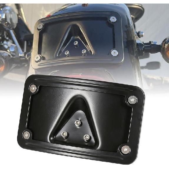 3148 Curved Laydown License Plate Mount With Frame Compatible With Harley Davidson 3 Hole Mount (Black)